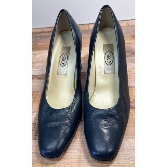 Navy Leather SRO Womens Classic Square-Toe Block Heel Pumps 8M - Picture 2 of 5